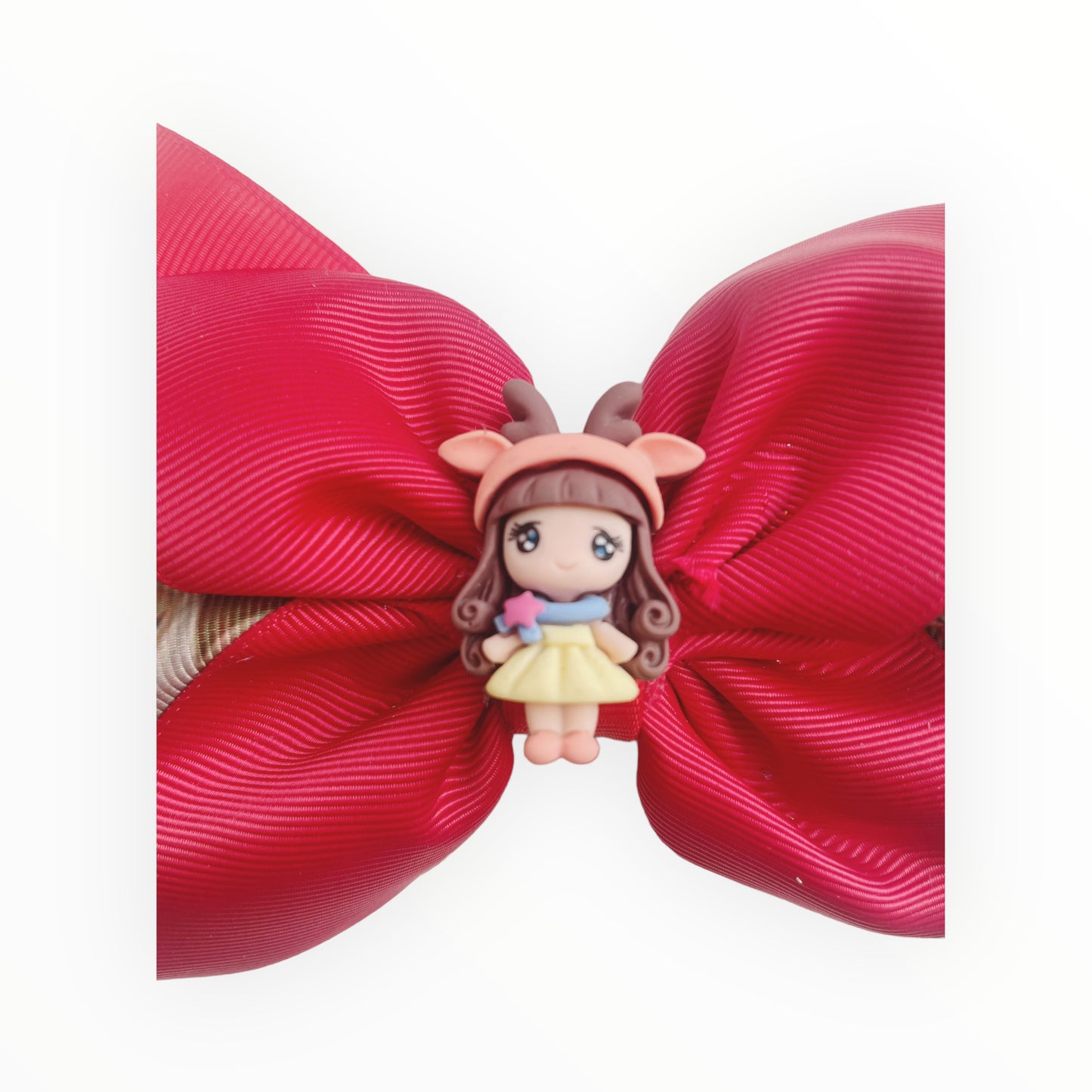 Reindeer hair bow  Christmas hair bow  Bow with clay doll  Handmade hair bow
